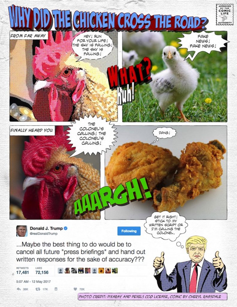 Colonel Chicken Fake News Trump cartoon by cheryl ragsdale