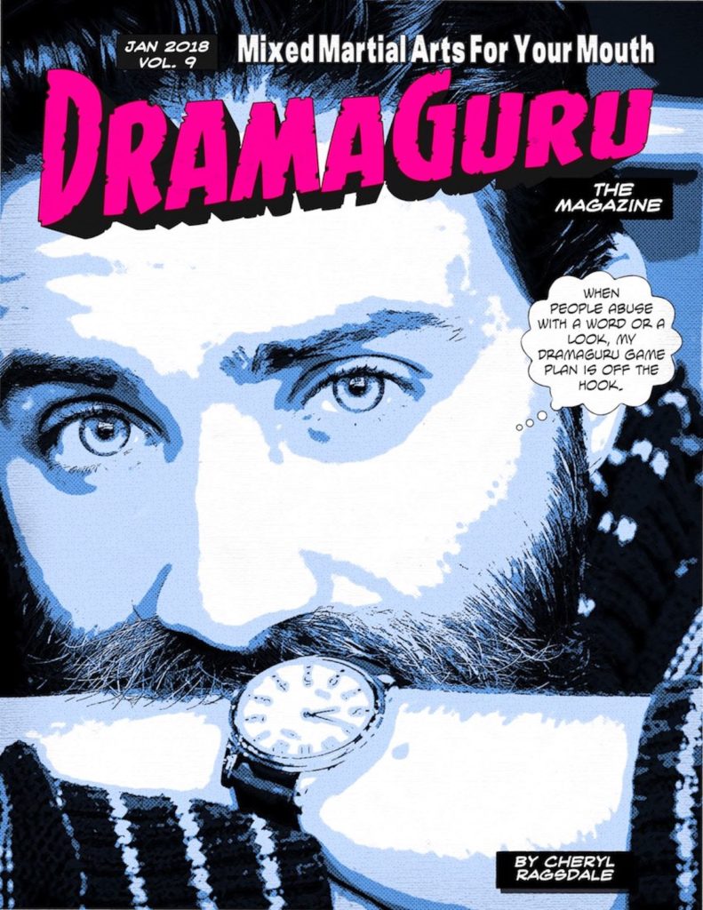 DramaGuru Magazine cover man with beard bluetone Jan 2018