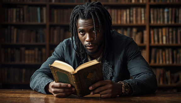 black man braids library book looking at another person who isn't visible