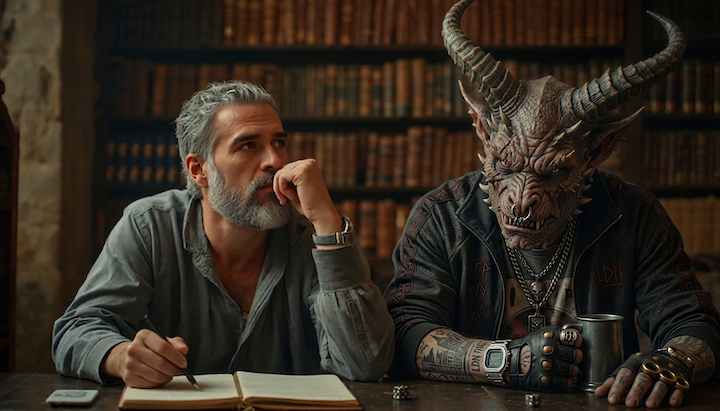 Man sits at desk in library not realizing that a demon is sitting right next to him