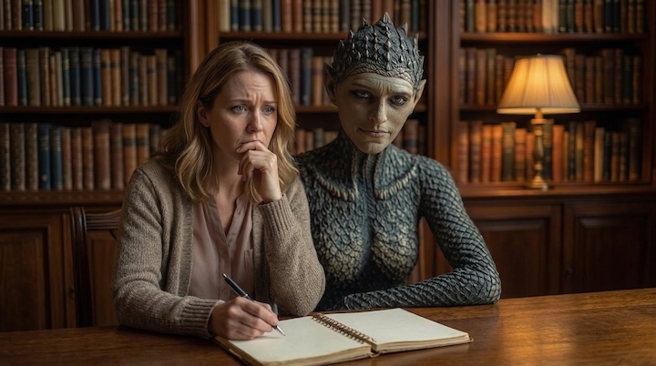 woman looking worried sits next to a demon with an assignment.