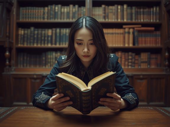 14 woman black hair library book canva