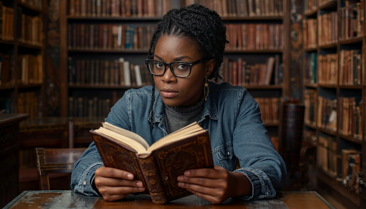 55 canva cinematic woman book library