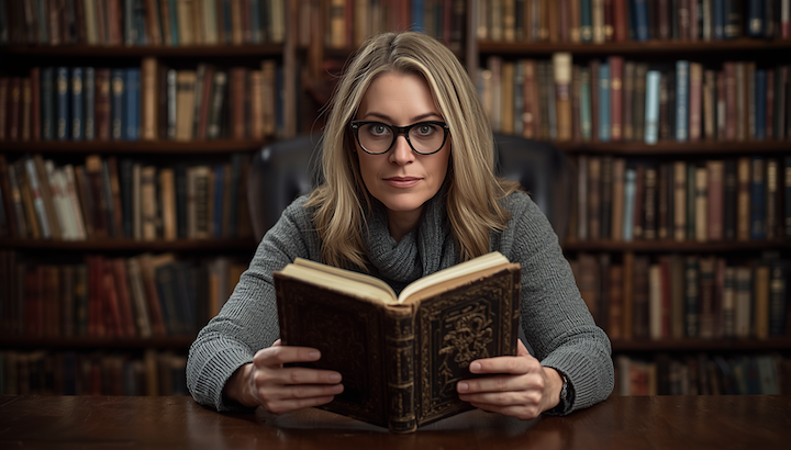 64 canva cinematic woman book library