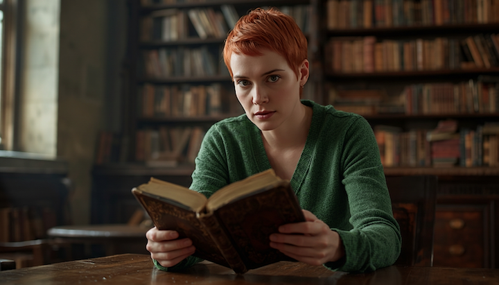 67 canva cinematic woman book library