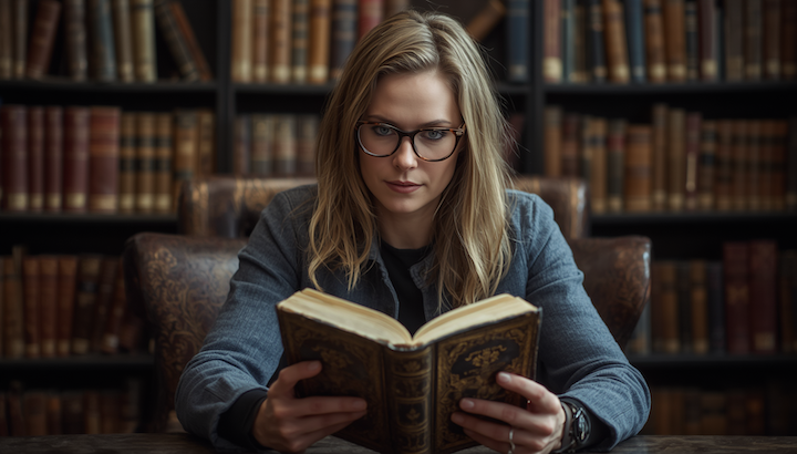 68 canva cinematic woman book library