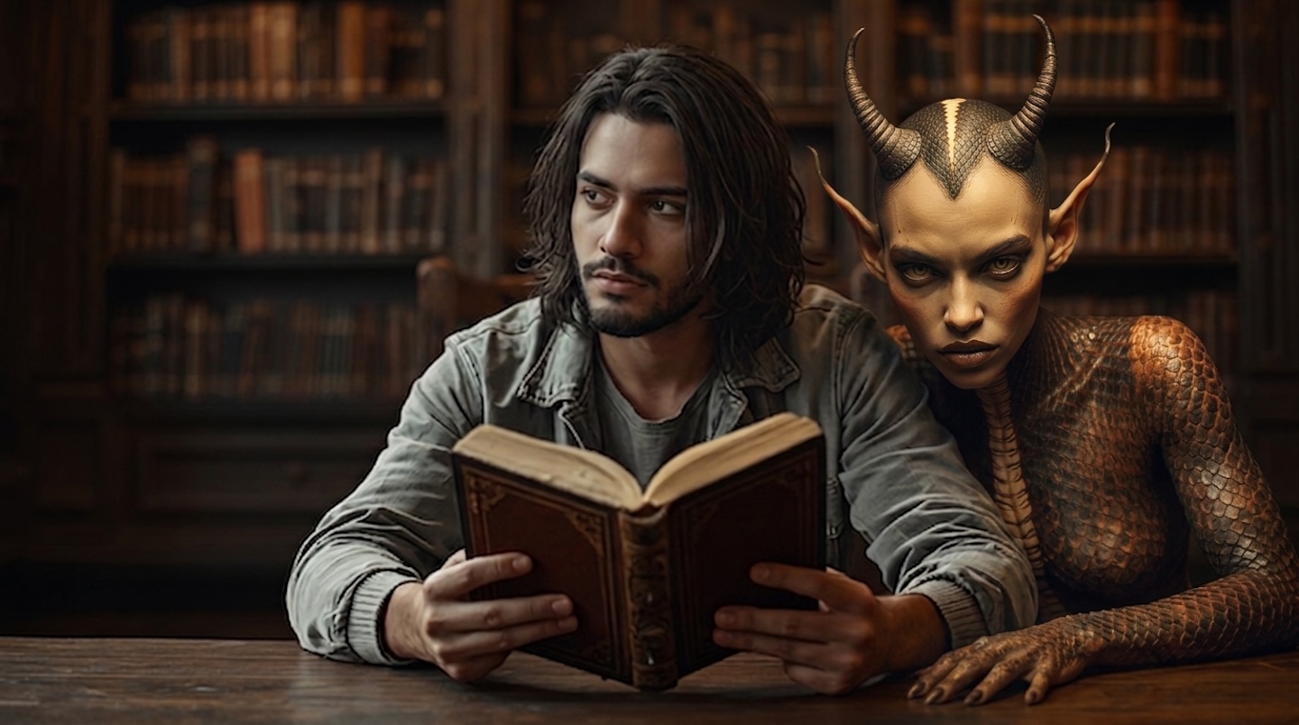 A man in a library reading a book with a female demon sitting next to him