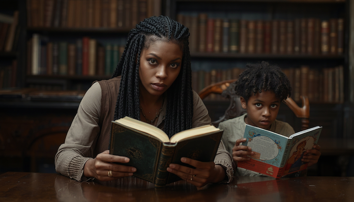 98 canva cinematic woman child book library