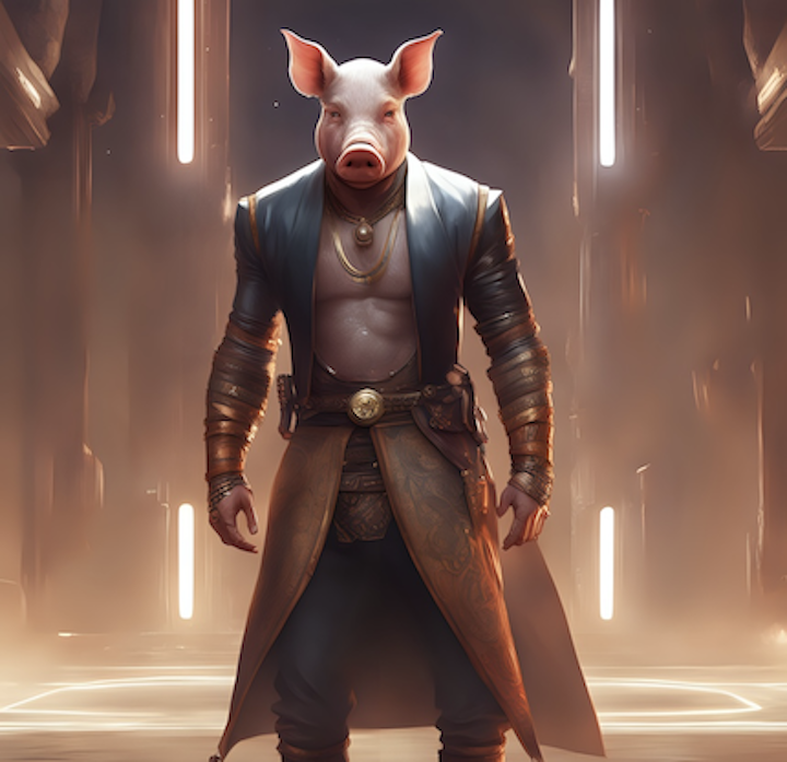 GREEDY PIG DEMON looks menacing as he strides towards you wearing a long leather coat. He looks ready to attack if you make a wrong move.