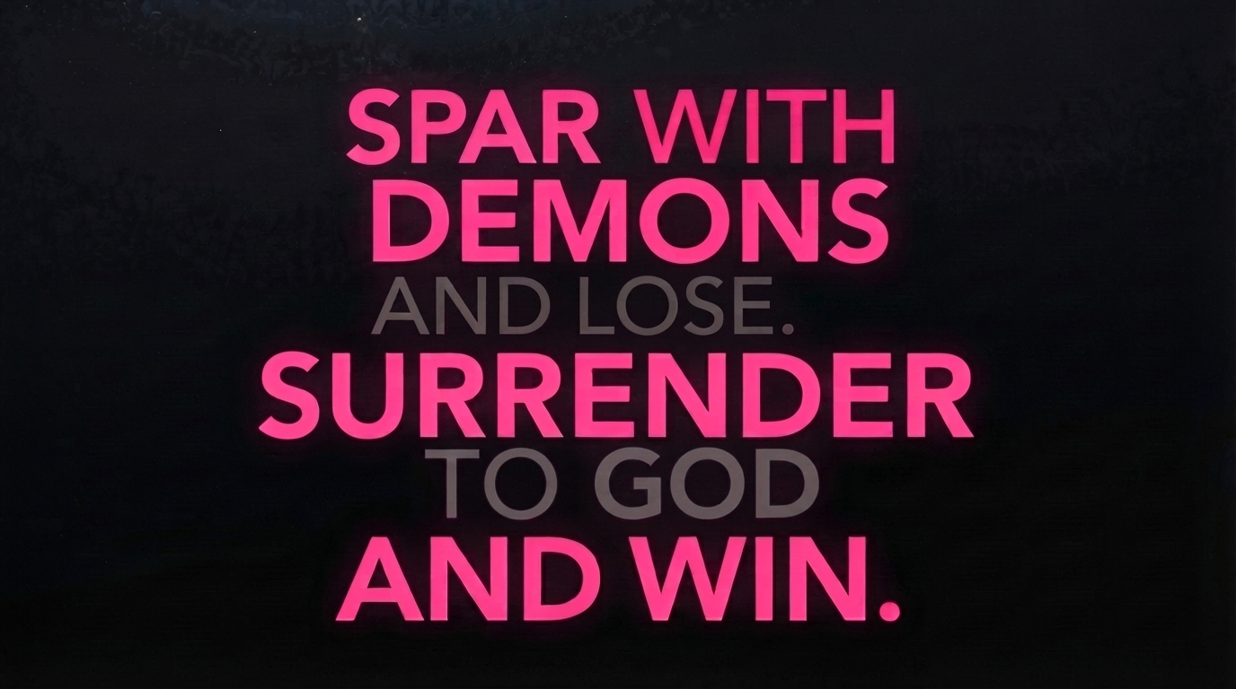 Pink and grey quote graphic spar with demons and lose surrender to god and win