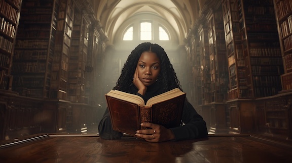 black woman large book library the woman is deep in thought contemplating what she just read