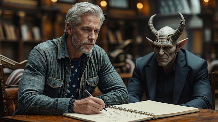 Man sits at desk in library with a demon watching him.