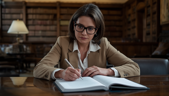 A woman contemplates her case writing in a notebook