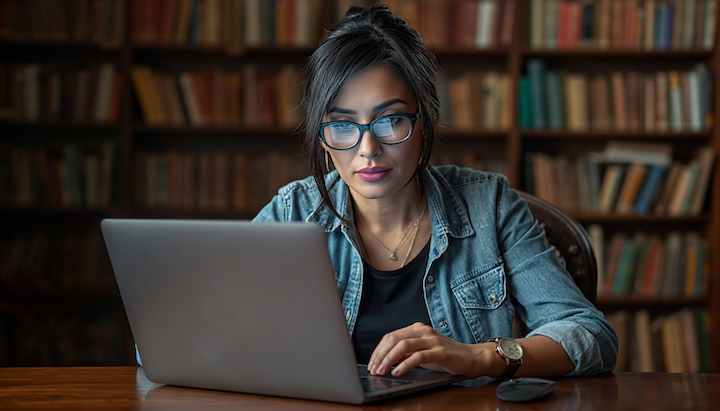 FAQ A woman in a library sitting at a table working on her laptop.