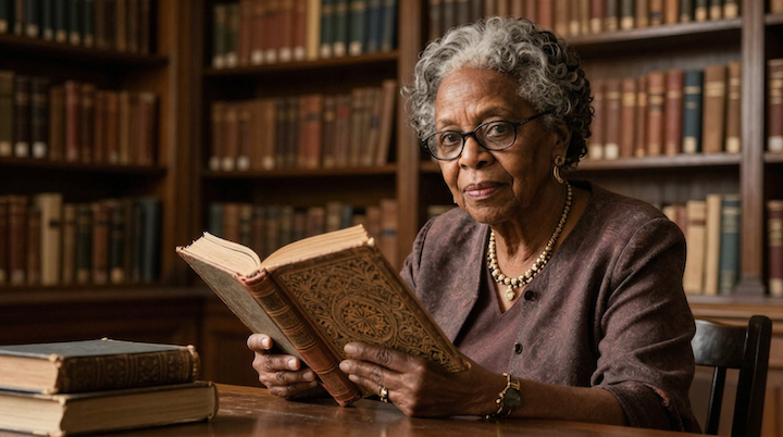 Woman holding a book in an old library. She is looking towards the viewer.