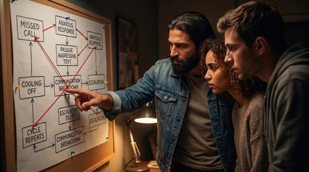 A woman and a man listen attentively as Jesus points to something on a whiteboard