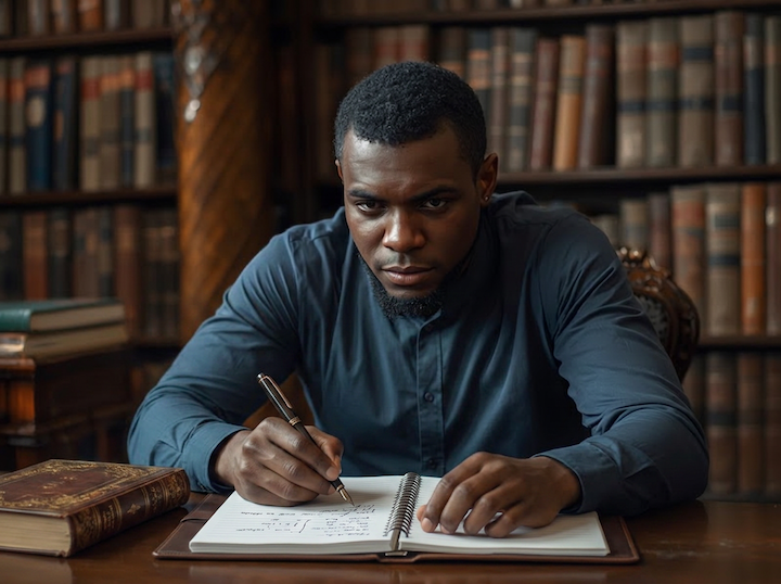 COH prep: Man is making notes sitting in a library surrounded by ancient books.
