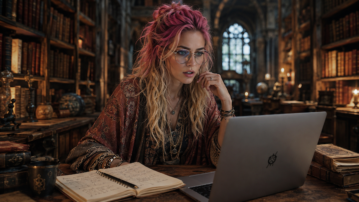 woman library laptop curly hair