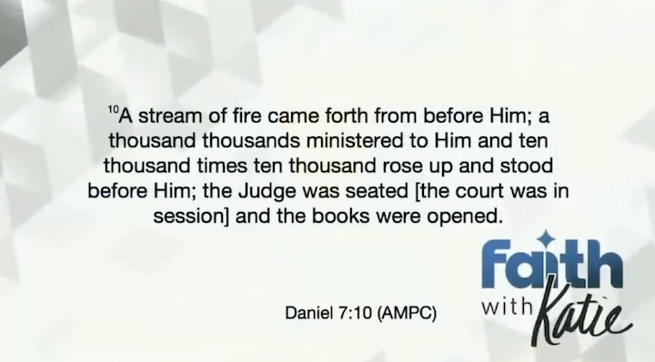 Bible verse: A river of fire was flowing, coming out from before him. Thousands upon thousands attended him; ten thousand times ten thousand stood before him. The court was seated, and the books were opened.