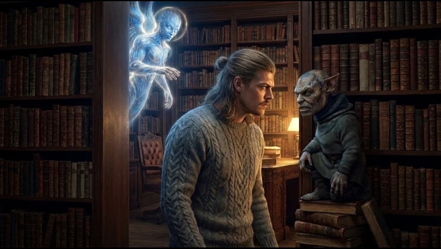 Driftgate in stare-down with Deadbolt. Guardian Angel hovers protectively overhead.