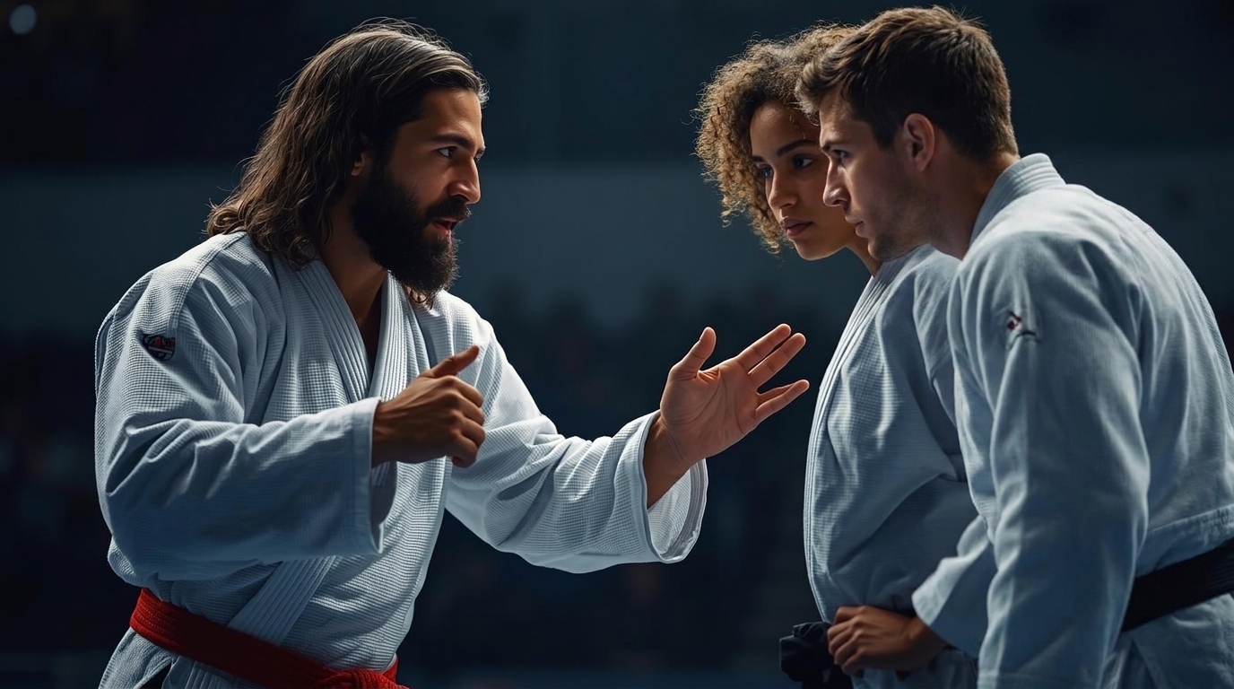Who's clocking you? Intense conversation. Jesus talks to a man and a woman. All are wearing jiu-jitsu uniforms uniforms