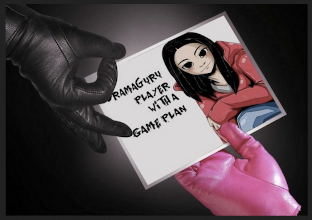 FAQ black glove handing dramaguru card to pink glove