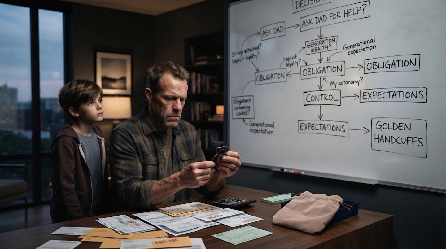 A father examines some old keys while his son watches. Generosity comes with golden handcuffs.