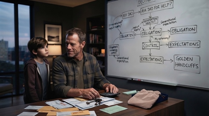 Man in the middle of paying bills and making a decision to ask for help turns to look at his son.