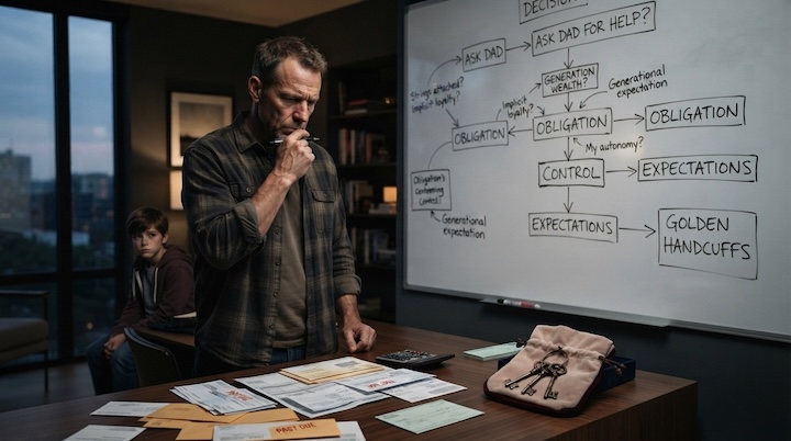 A father is deciding whether he should ask his dad for financial help