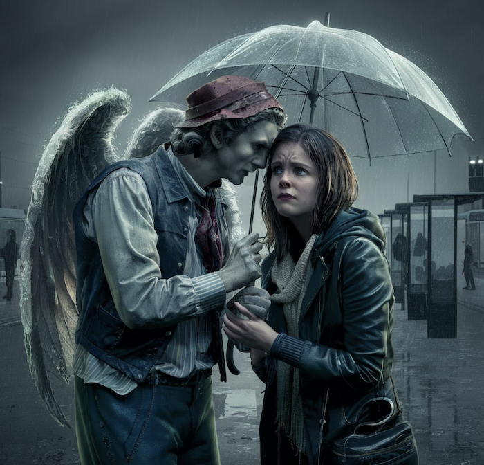 misery demon with young woman in the rain under an umbrella