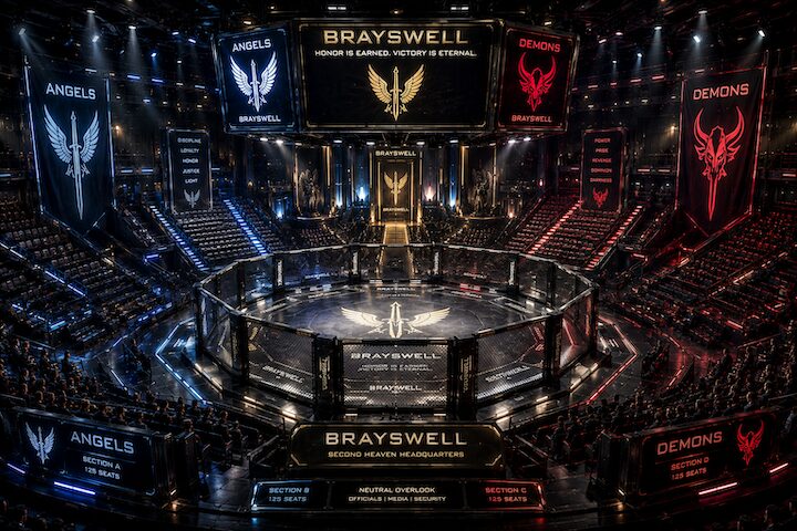 Brayswell MMA Arena, 12 sided cage with separate seating for angels and demons.