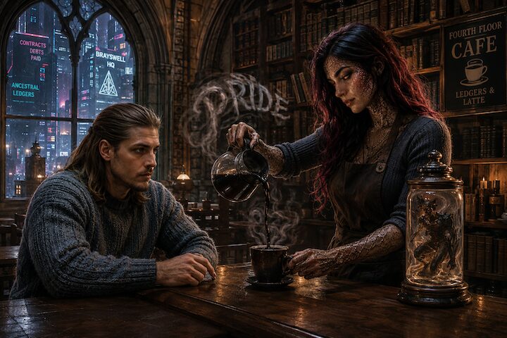 Driftgate watches as a barista pours thick coffee (tar) into his mug. She is a beautifu demon. The word pride is written in the steam above the mug.