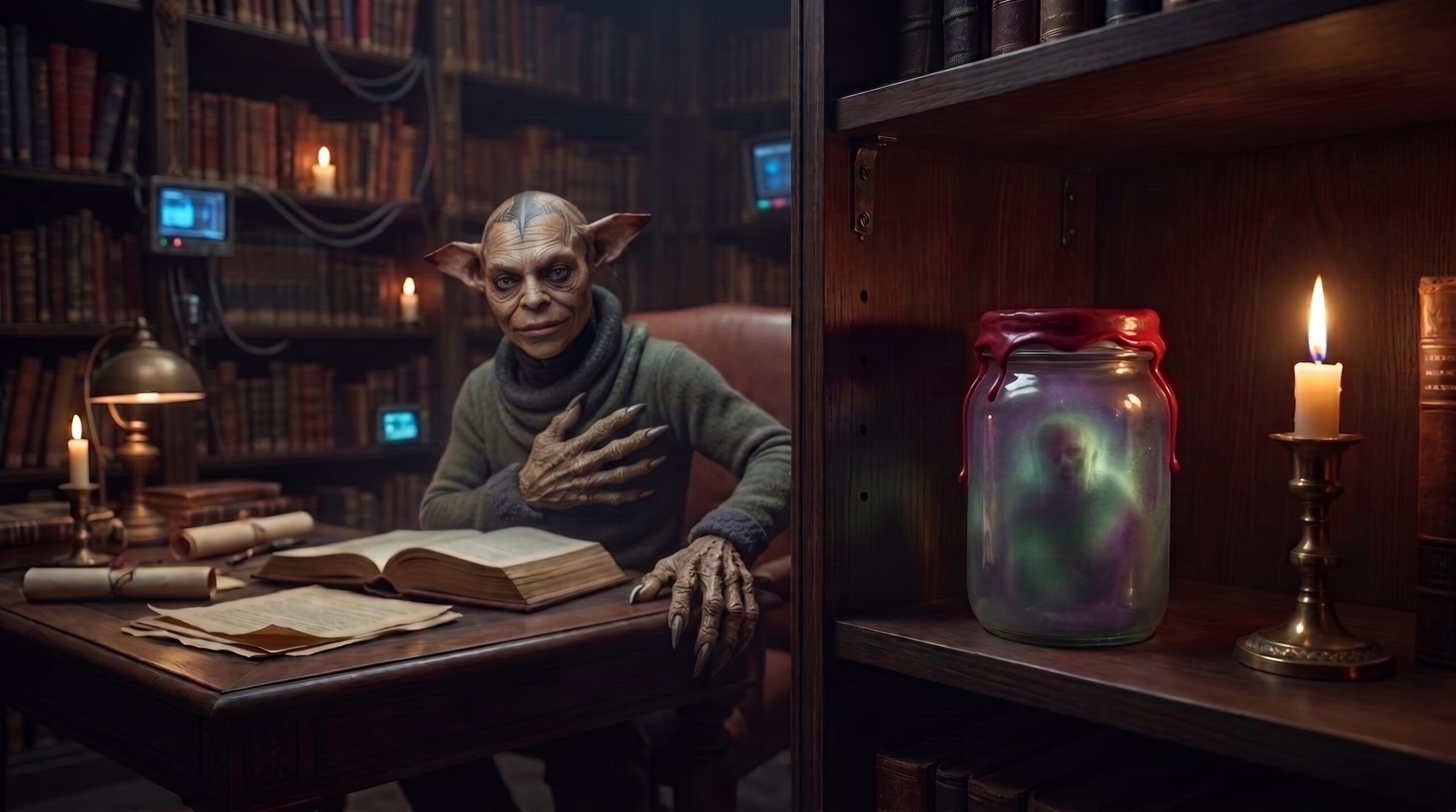 Snarky Demon Deadbolt with his hand over his heart. False sincerity. A soul fragment is trapped in a jar in the foreground. Don't trust him!