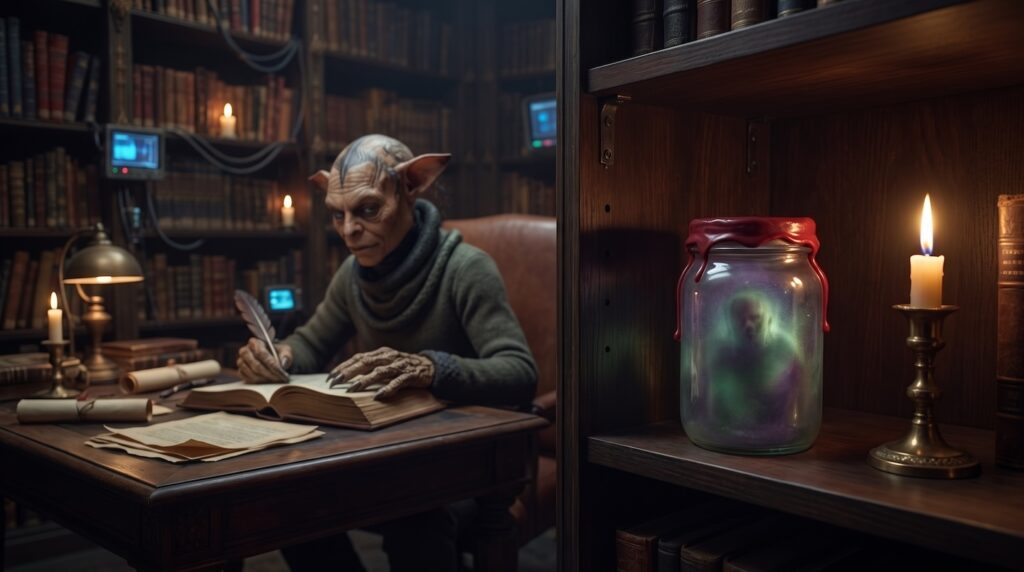 Demon Deadbolt sits at his desk writing in his ledger. He glances towards a sealed glass jar containing a shadowy figure.
