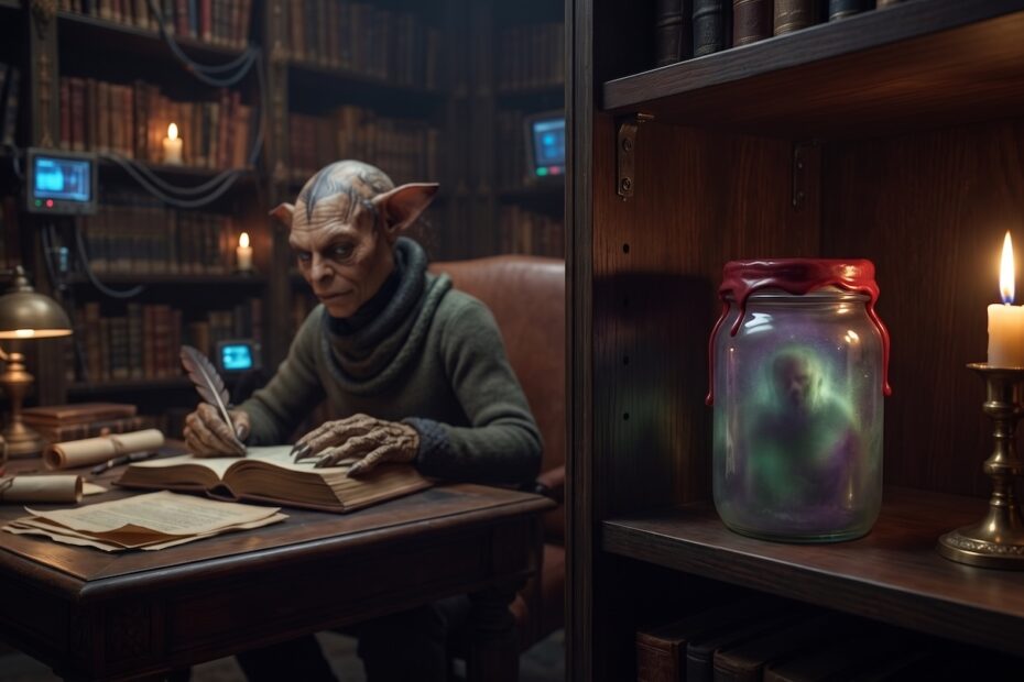 Demon Deadbolt sits at his desk writing in his ledger. He glances towards a sealed glass jar containing a shadowy figure.