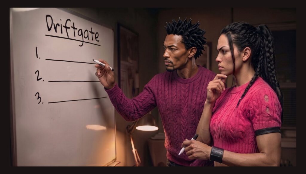 Agent September and DramaGuru work on Driftgate's game plan in the clubhouse.