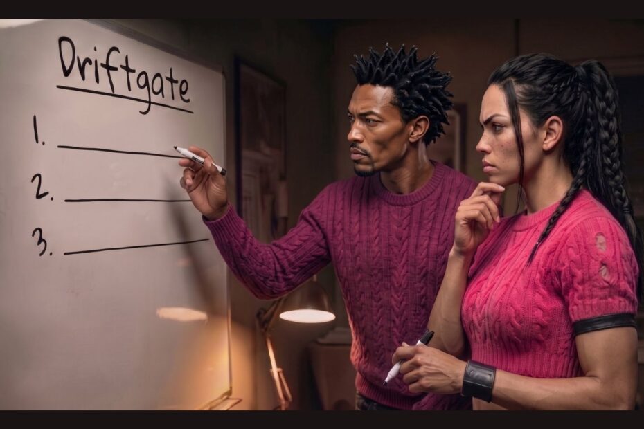 Agent September and DramaGuru work on Driftgate's game plan in the clubhouse.