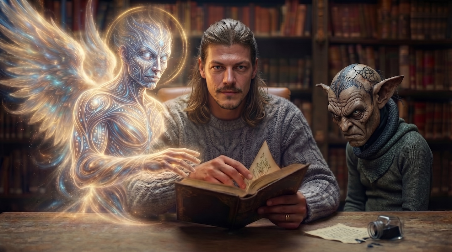 Driftgate works on case prep while Deadbolt glares at the book on the table.