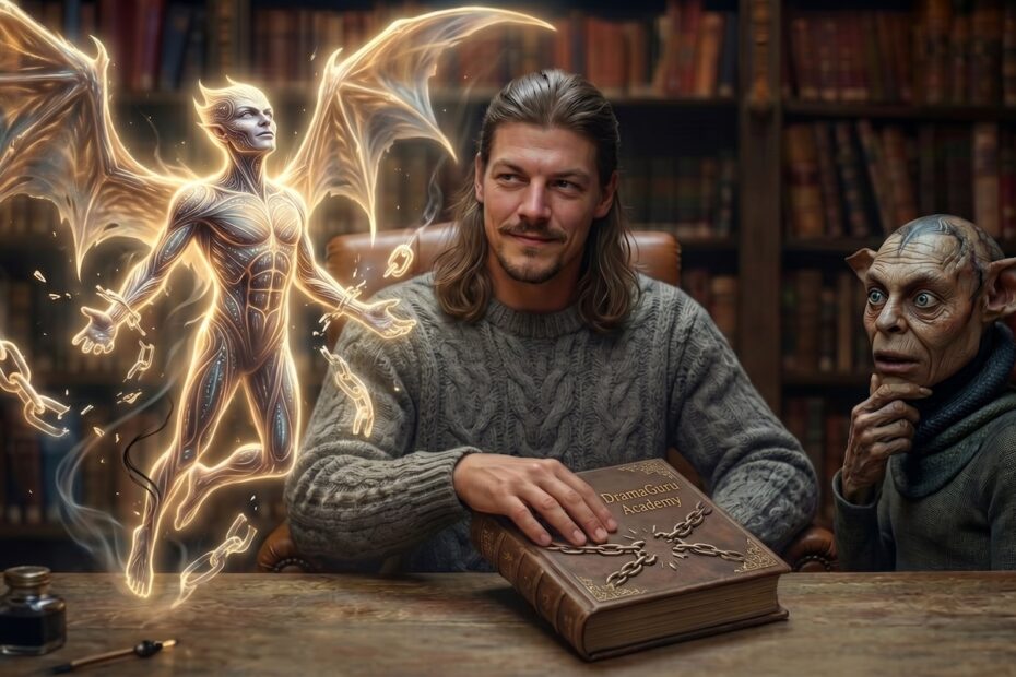 Triumphant Driftgate watches as his guardian angel breaks chains signifying Driftgate's release from a trap set by Demon Deadbolt who looks shocked. Shame failed this time around.