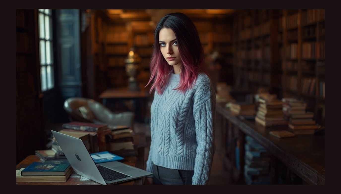 Irish woman cable knit sweater books library with border