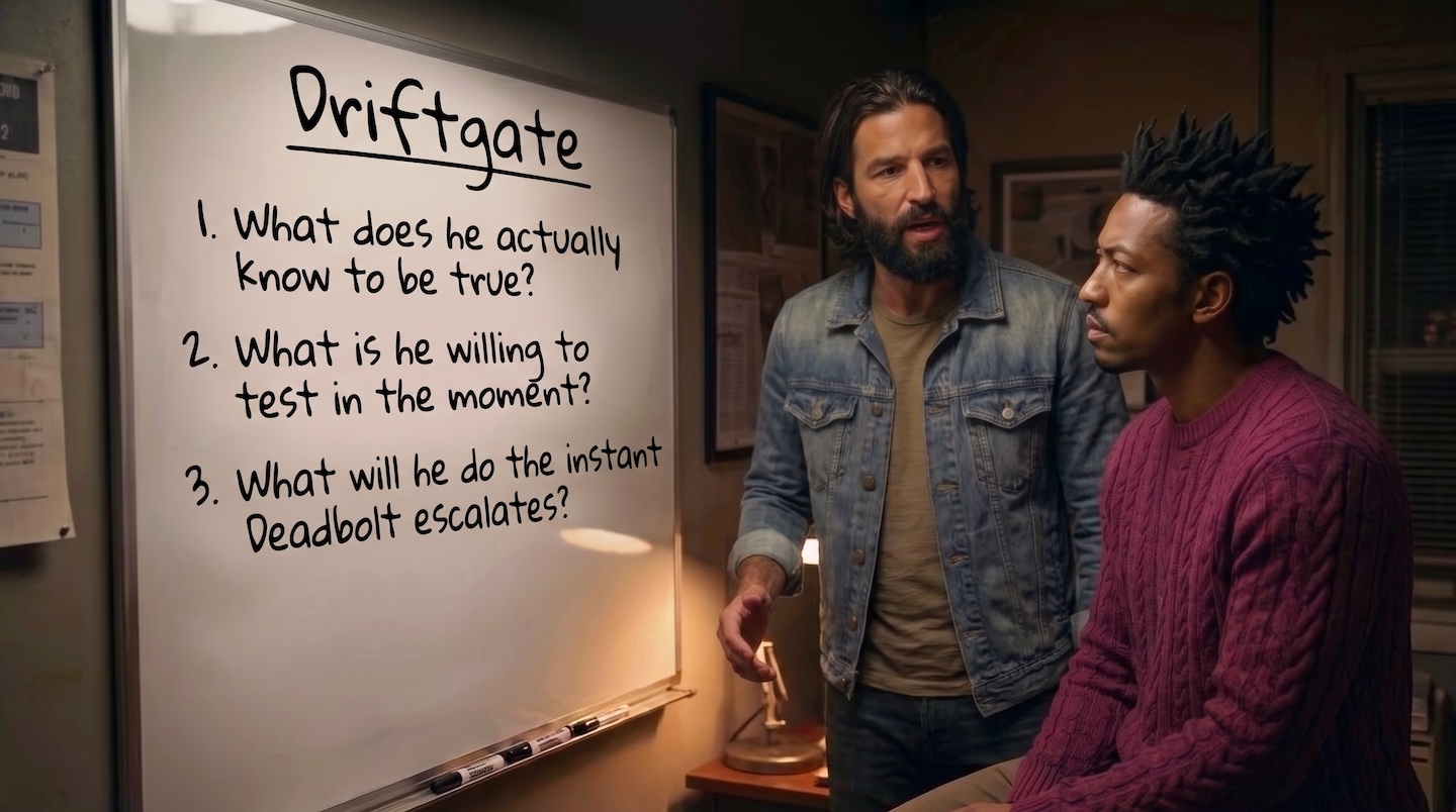 Jesus with DramaGuru studying 3 questions for Driftgate written on the white board.