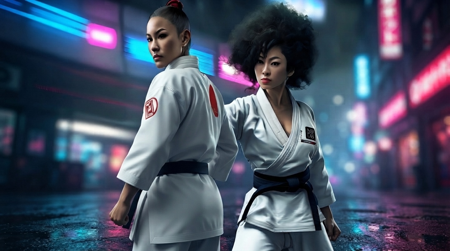 Two fierce-looking Afro-Asian women wearing jiu-jitsu gear are prepared for action in a night time scene on a city street.