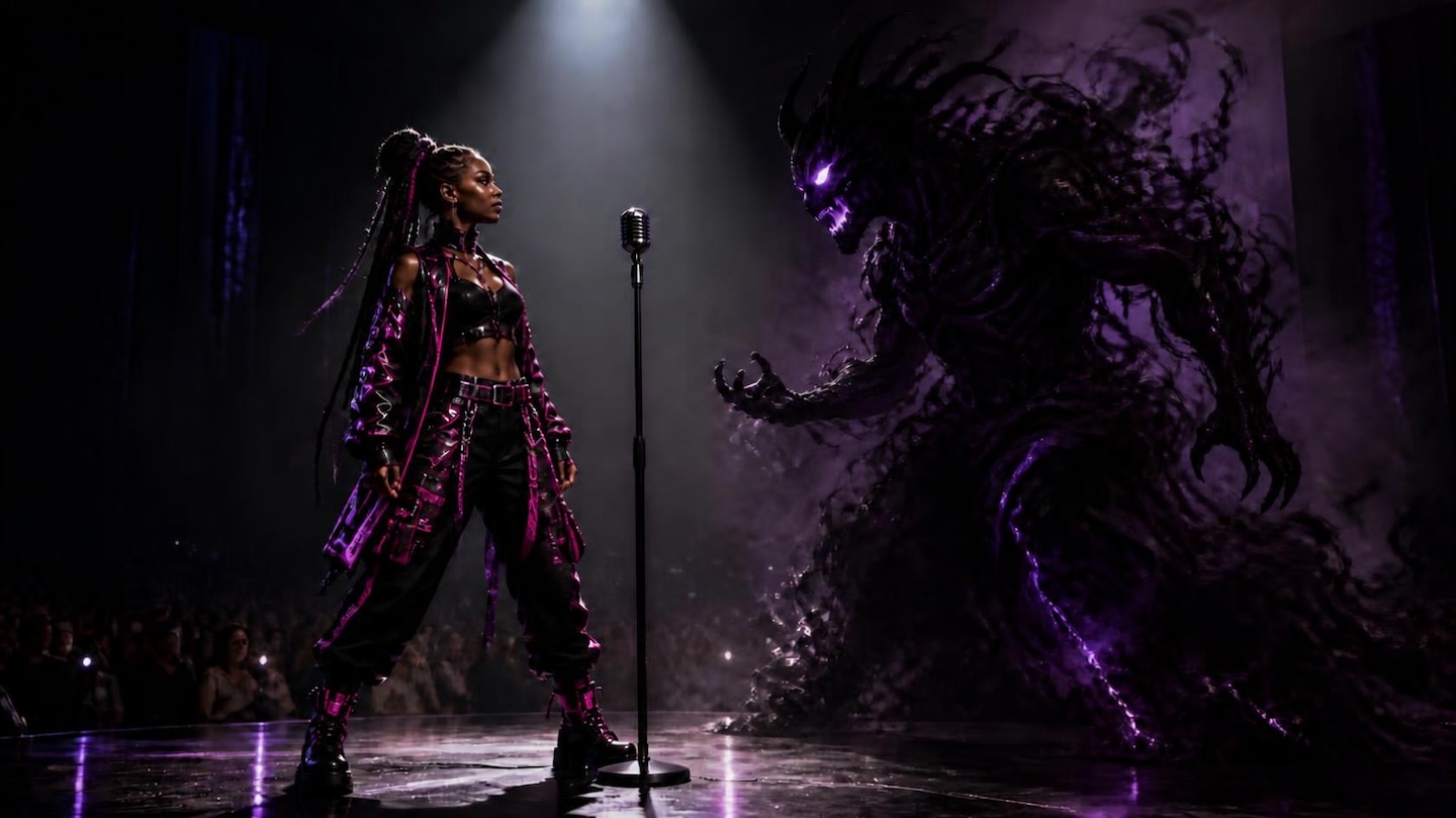 A warrior angel singer vs an intimidating demon with a single mic on stage in the Hall. He's singing about your life right now, Demon Spotter!