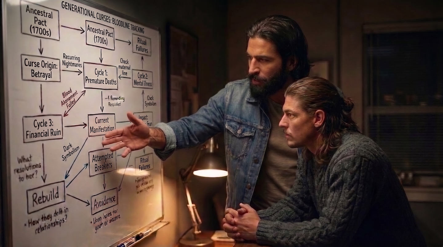Jesus reviews a flowchart of generational pattern steps with a man in a grey sweater.
