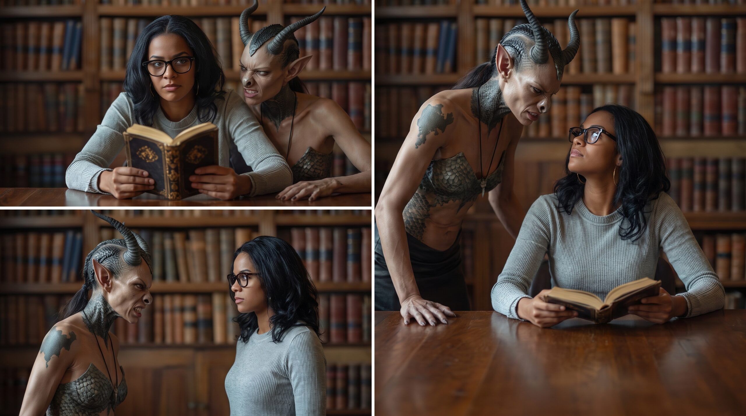 A woman sits at a desk in the Library ignoring a demon who hovers around her.