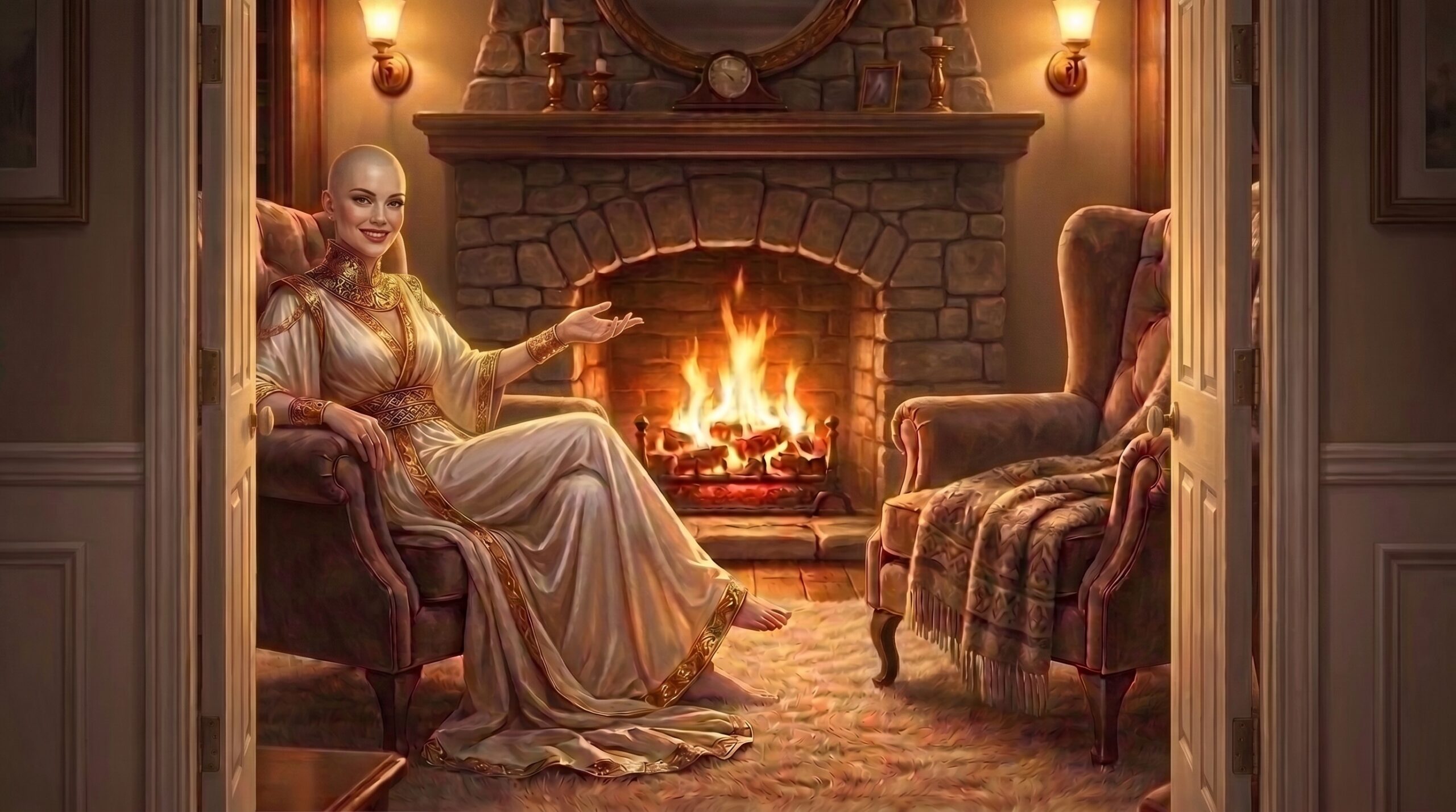 Lady Wisdom sits fireside beckoning her guest forward.
