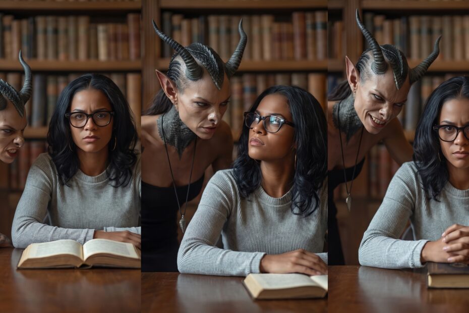 A woman sits at a desk in the Library with a female demon intruding into her space.