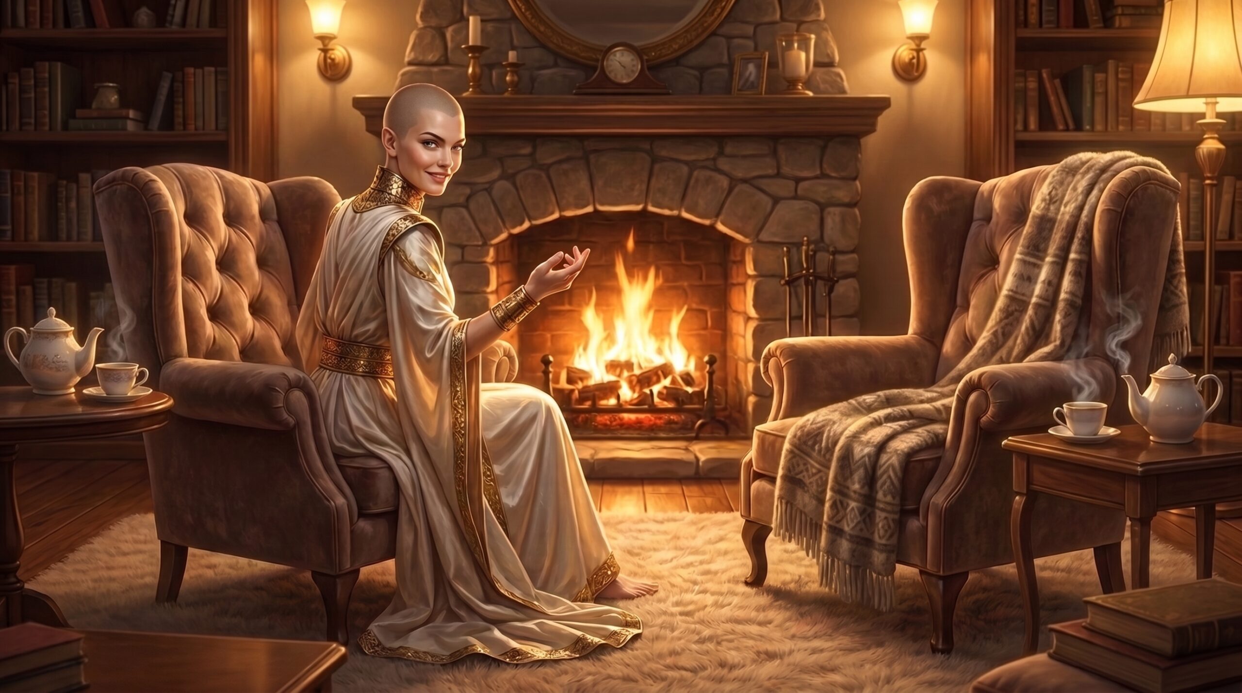 Lady Wisdom sitting by the fireplace invites her guest in.